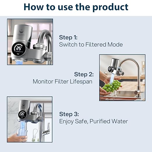 AQUSOFT Faucet Mount Water Filter - LED Sink Water Filter | 99% Filtration New 2.0 Filter Element| Removes Impurities | Tap Water Purifier Fits Standard Faucets - Includes 1 Filter