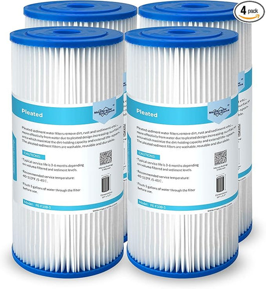 Membrane Solutions 5 Micron Pleated Water Filter Home 10"x4.5" Whole House Heavy Duty Sediment Replacement Cartridge Compatible with ECP10-1,ECP20-BB,R50-BBSA,FXHSC,CB1-SED10-BB (4 Pack)