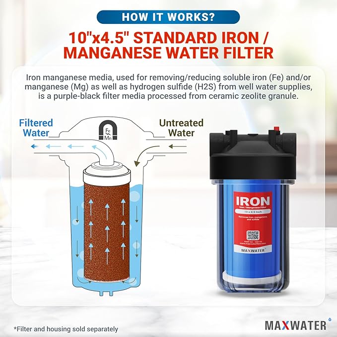 Max Water Whole House Iron and Manganese Reducing Replacement Water Filter Cartridge for Whole House Systems - 10" x 4.5" Iron Removal Filter for Well Water