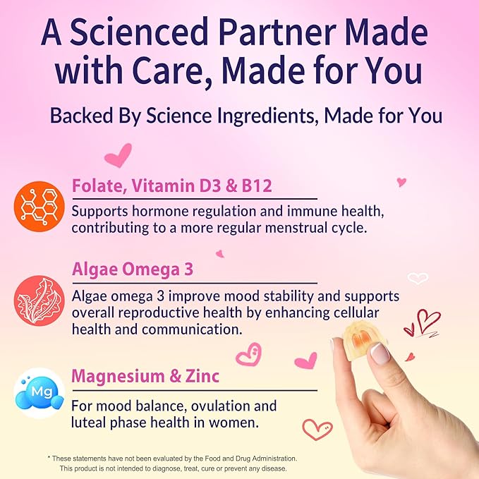 Myo-Inositol & D-Chiro Inositol, Hormone Balance for Women | Sugar Free Inositol Gummies w/Omega 3, MTHF Folate, Vitamin D3, B12, Magnesium & Zinc for Ovarian Health, Ideal 40:1 Ratio, Vegan, 60 Cts