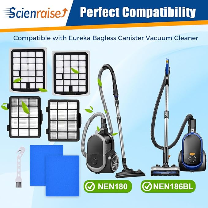 NEN186BL Filter Replacement Compatible with Eureka NEN186BL NEN180 Bagless Canister Vacuum Cleaner Replacement Parts, 2 HEPA Filters & 2 Dust Cup Filters Element, 4 Pack
