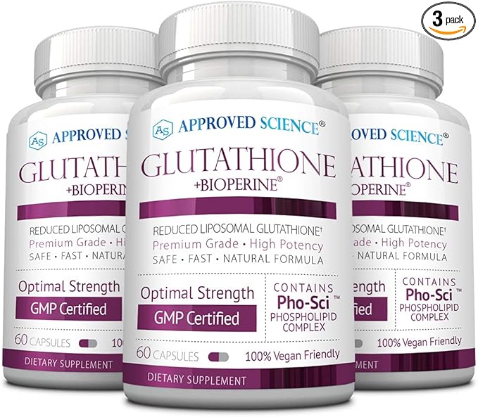 Approved Science® Glutathione - 500 mg - Phospholipid Complex, Vitamin C, Bioperine - Top Antioxidant to Help Neutralize Free Radical - Vegan Friendly - 60 Capsules per Bottle - 3 Bottles