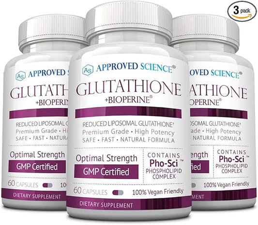Approved Science® Glutathione - 500 mg - Phospholipid Complex, Vitamin C, Bioperine - Top Antioxidant to Help Neutralize Free Radical - Vegan Friendly - 60 Capsules per Bottle - 3 Bottles