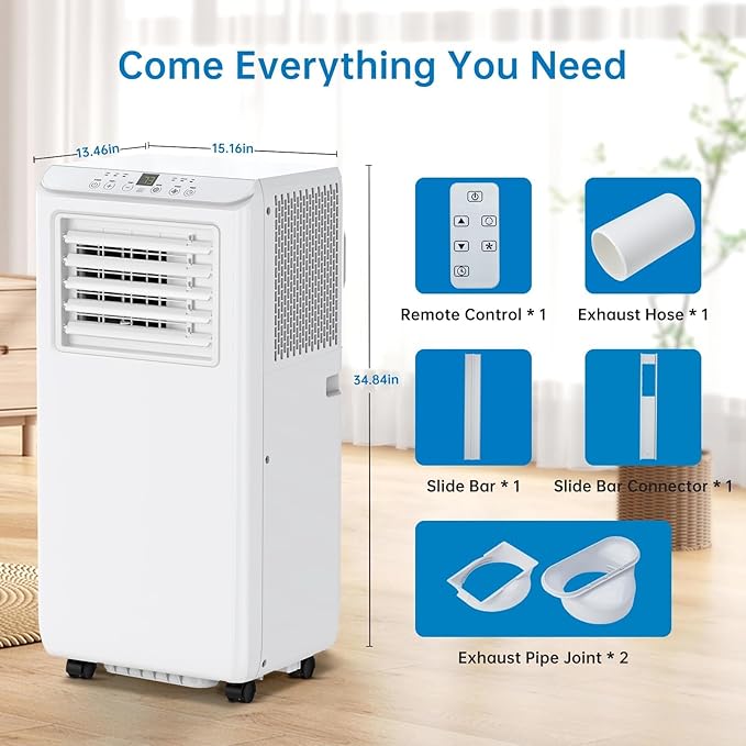 10,000 BTU Portable Air Conditioner for Rooms Up to 450 Sq.Ft, 3-In-1 Cooling, Dehumidifier & Fan with Remote, Ultra-Quiet 45dB, 24H Timer, Energy-Efficient & Easy-Move Design, White