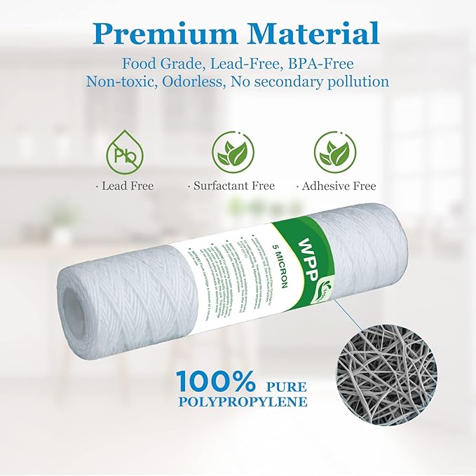 5 Micron String Wound Whole House Water Filter 10" x 2.5", 10-inch Universal Sediment Pre-Filters for Well Water, Replacement Cartridge for FXWSC, CW-F, CW-MF, 1SS, W5W, AO-WH-PRE-R2, 6-Pack