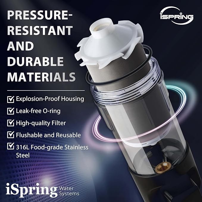 iSpring WSP500ARJ-BP, NSF Certified, Whole House Spin-Down Sediment Water Filter with Bypass, Clear Housing, Jumbo Size, Flushable and Reusable, Touch-Screen Auto Flushing, 4 Modes, 500 Microns