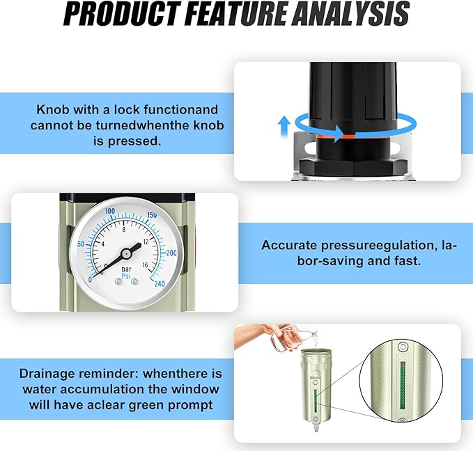 1/2" NPT Heavy Duty Industrial Grade Air Compressor Moisture Filter, Manual Drain, Particulate Filter and Air Regulator For Plasma Cutter and Paint Spray