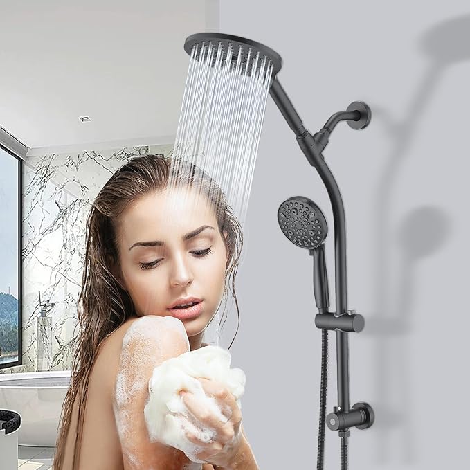 High Pressure Shower Head with Handheld Shower, 26" Adjustable Height Drill-Free Slide Bar, 3-Way Diverter for Easy Reach, Dual Shower Head Combo Set with 5ft Hose - Matte Black