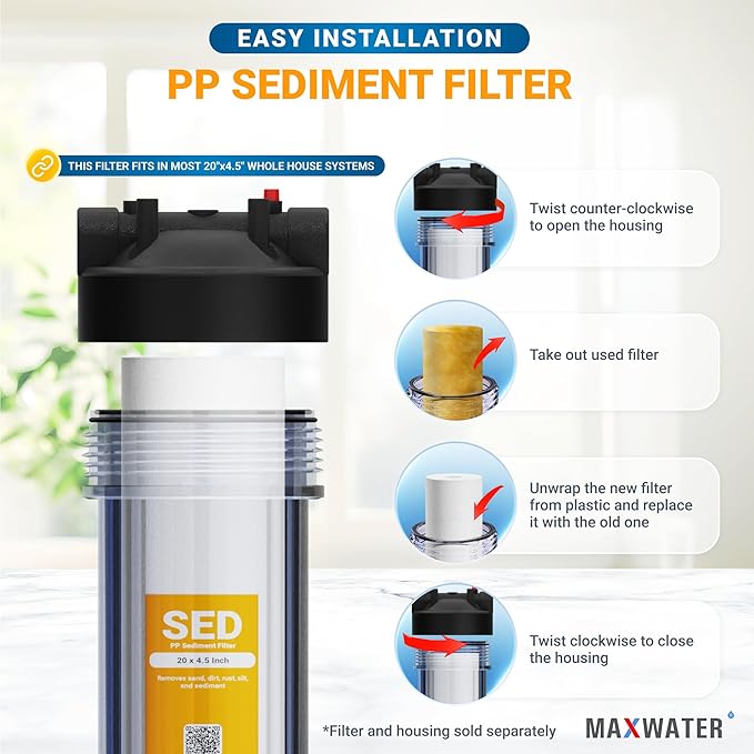 Max Water 1 Micron 20 x 4.5 Sediment Filter 20 inch Whole House BB Water Filteration System Replacement Compatible Cartridge DGD-5005-20, FP25B, AP810-6, FPMB5-20, P5-20, 155358-43, SDC-45-2005