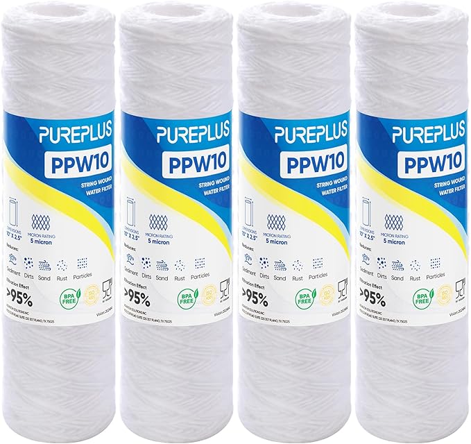 PUREPLUS 5 Micron 10"x2.5" Whole House String Wound Sediment Filter for Well Water, Replacement Cartridge for Universal 10 inch RO System, WP-5, Aqua-Pure AP110, CFS110, Culligan P5, WFPFC4002, 4Pack