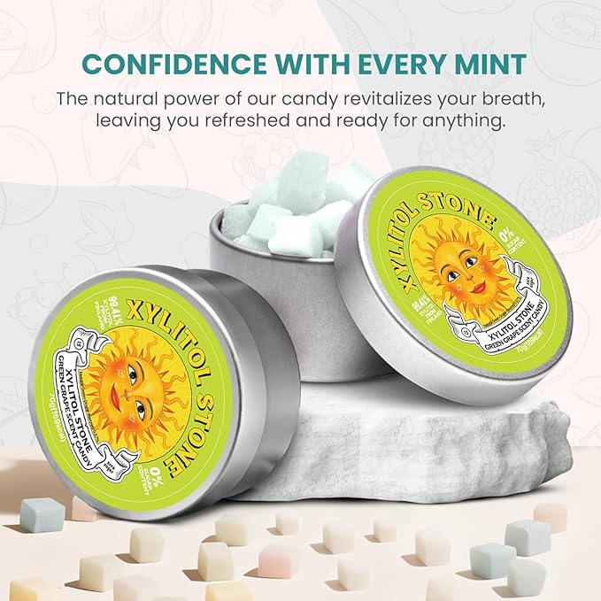Xylitol Stone Sugar Free Candy - Vegan & Keto Friendly Unique Hard Candy Sugar-Free - 100% Natural Flavor Candies - Gluten Free & Non-GMO Breath Freshener Low Calorie Mints - Green Grape (Pack of 2)