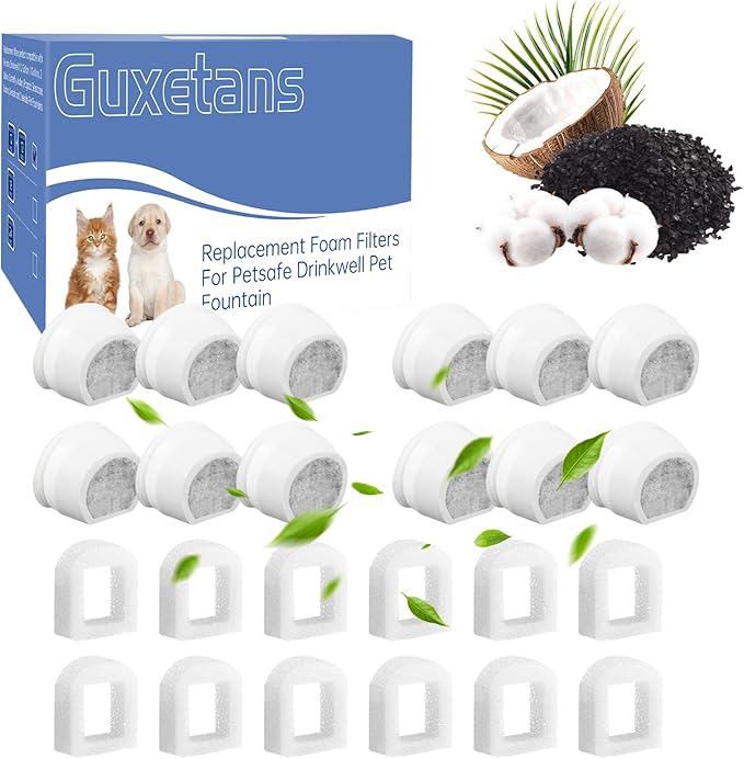 24Packs Pet Water Fountain Filters,12pcs Replacement Carbon Filter for PetSafe Drinkwell Fountains &12pcs Replacement Foam Filters for Pet Safe Pump