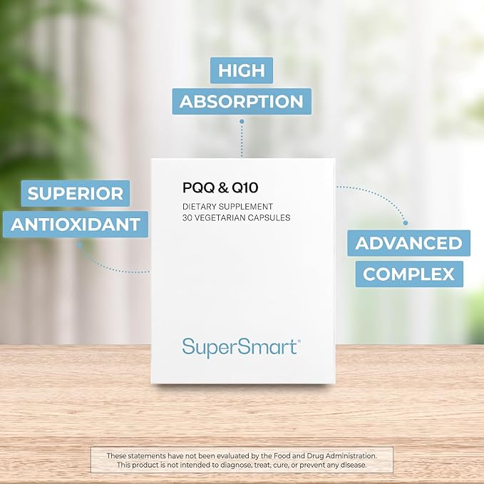 SUPERSMART - PQQ & Q10 (CoQ10) - Powerful Antioxidant Used to Protect Mitochondria Up to 20% for Aging Cells | Non-GMO & Gluten Free - 30 Vegetarian Capsules