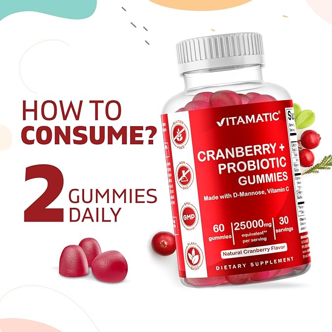 Vitamatic 2 Pack Vegan Cranberry Gummies with D-Mannose, Probiotic & Vitamin C for Women Urinary Tract Health - 25000mg Equivalent Per Serving (from 50:1 Extract 500 mg) - 60 Count
