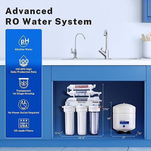 iSpring PH100 Alkaline Reverse Osmosis Water Filter System, pH+ Remineralization 6-Stage Under Sink RO Drinking Water Filtration System 100 GPD Fast Flow 1:1 Pure to Waste Ratio, US Made Filters