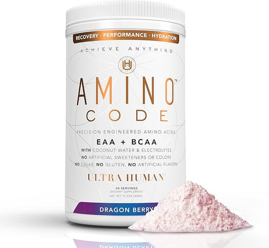 Ultra Human Amino Code | Essential Amino Acids + BCAAs + Coconut Water Electrolytes | Fast Hydration Workout Recovery Flavored Amino Energy Powder Drink | Clean Formula, 40 Servings - Dragonberry