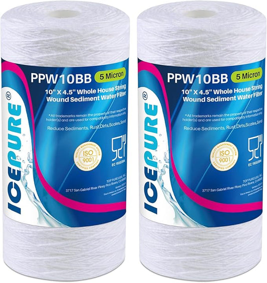 ICEPURE 5 Micron 10”*4.5'' Whole House Sediment String Wound Water Filter Replacement filter for 84637, WPX5BB97P, PC10, 355214-45, 355215-45, WP10BB97P, WP5BB97P, 2PACK