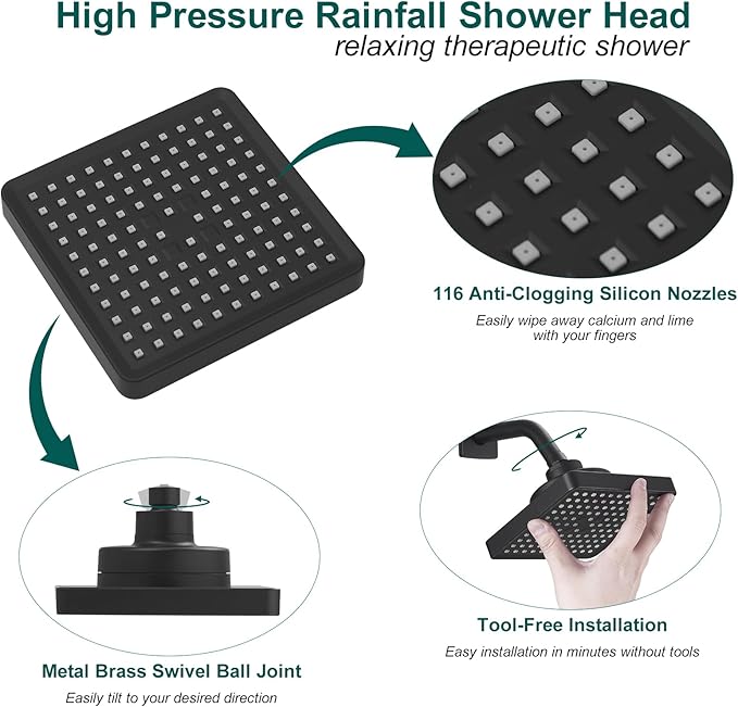 Hoimpro Filtered Shower Head High Pressure Rain Shower Head Filter for Hard Water, Adjustable Replacement Remove Chlorine and Harmful Substances (Matte Black, 6 Inch Square)