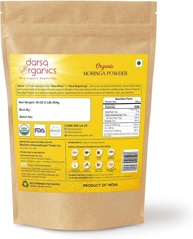 USDA Organic Moringa Powder 1 lb – Premium Moringa Oleifera Leaf Powder | Non-GMO, Gluten-Free, Vegan Superfood – Raw, Pure, Nutrient-Rich Moringa for Smoothies, Cooking & Baking