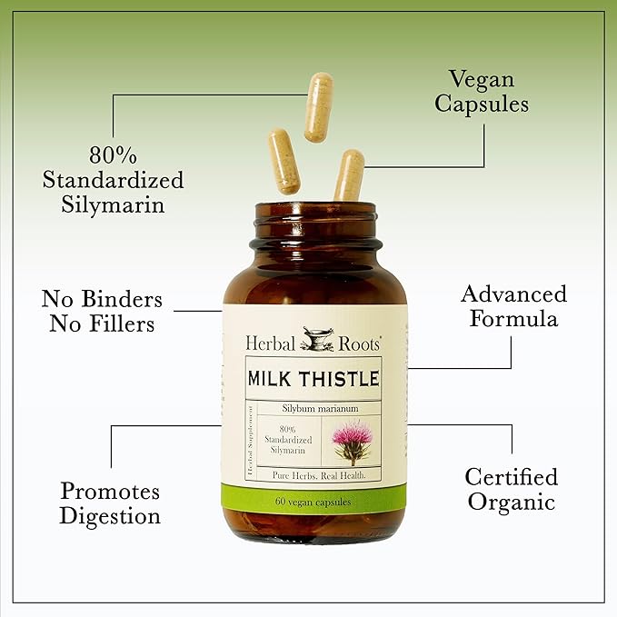 Herbal Roots Milk Thistle Capsules | Extra Strength 80% Silymarin Herbal Supplement | Made with Pure Organic Milk Thistle | Vegan and GMO Free