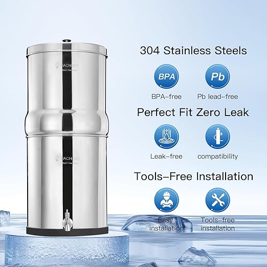2.25G Stainless Steel Gravity-Fed Water Filter System with 2 Black Purification Filter and Metal Spigot, NSF/ANSI 42 Certification, Reduces up to 99% of Chlorine, for Home, Camping, Outdoor