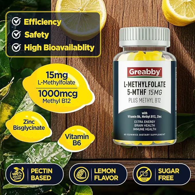 L Methylfolate Gummies, 5MTHF 15 mg with Methyl B12 1000mcg, Methyl Folate Gummies Supplement, Active Form, MTHFR-Friendly, Brain Health & Immune Support, Sugar Free, 60 Gummies