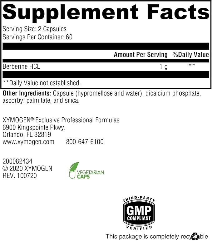 XYMOGEN Berberine HCL 1000mg – Herbal Berberine Supplement for Metabolic & Digestive Support - Promote Lipid Metabolism, Gastrointestinal Health & Immune Function (120 Capsules)