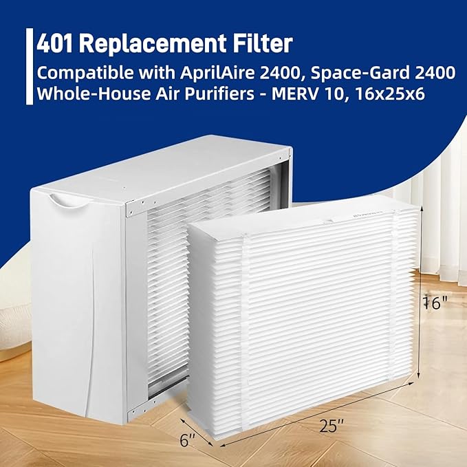 3 Pack 401 Replacement Filter Compatible with AprilAire 2400, Space-Gard 2400 Whole-House Air Purifier, MERV-10 Furnace Filter, 16x25x6 Air Filter