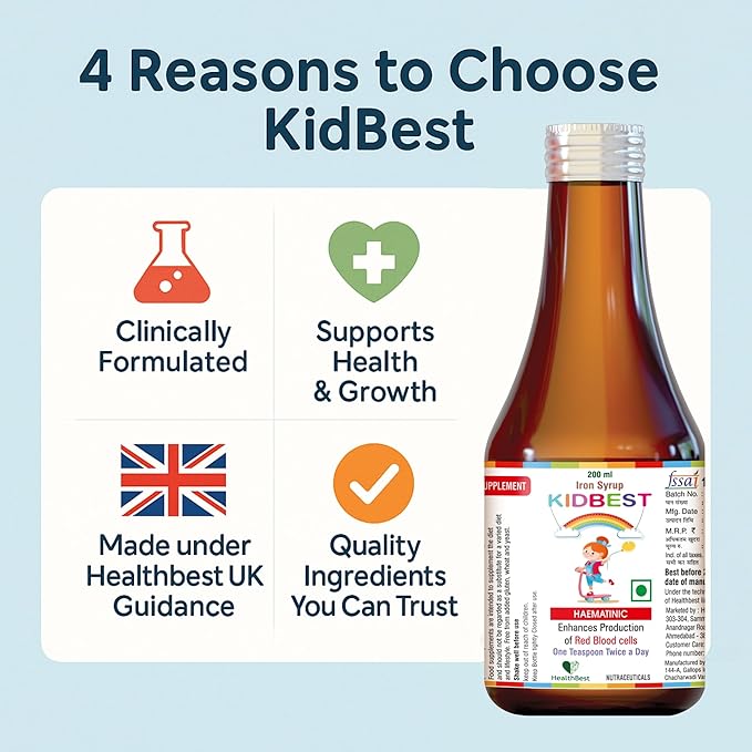 Liquid Iron Syrup for Kids – Triple Action with Folic Acid and Zinc – Boosts Hemoglobin, Appetite, and Immunity – No Metallic Taste – 200ml Liquid Supplement, Safe & Effective