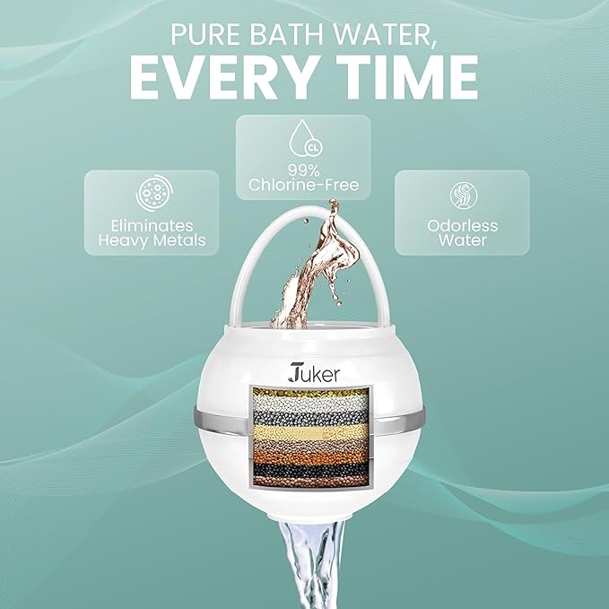 JUKER Bath Water Filter for Tub - 8 Stages-Bathtub Water Filter Removes Hundreds of Contaminants- Hard Water Softener- Improves Your Bath water for Healthier Skin, Hair and Nails Condition - White