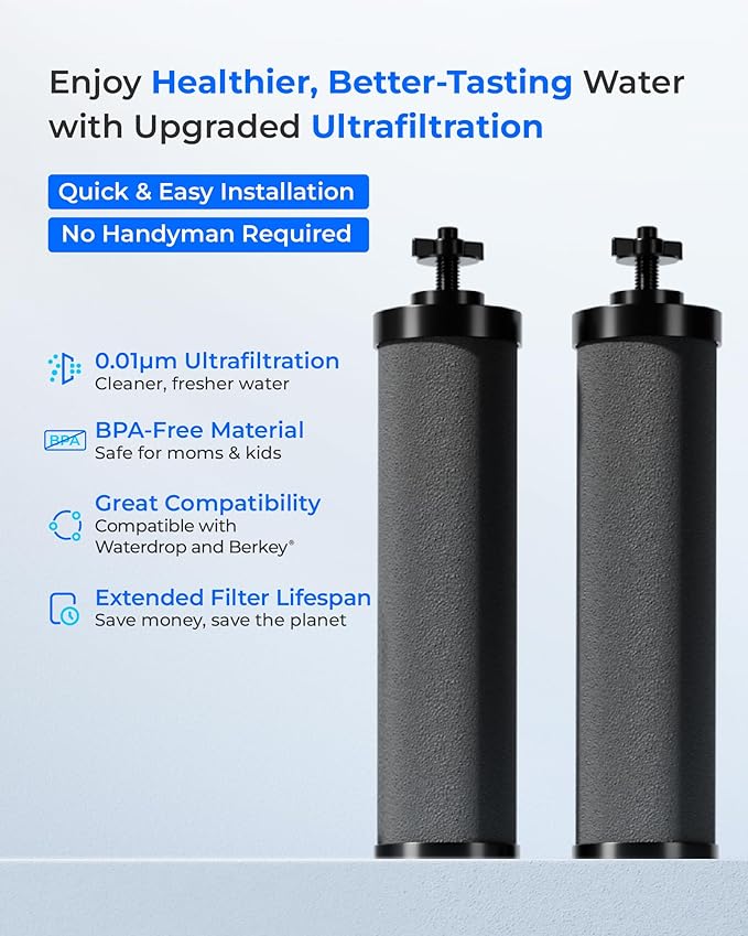 [New Upgraded Ultrafiltration] Waterdrop Black Water Filter, Replacement for Berkey® BB9-2® Black Purification Elements, Berkey® Gravity Water Filter System, 2 Pack