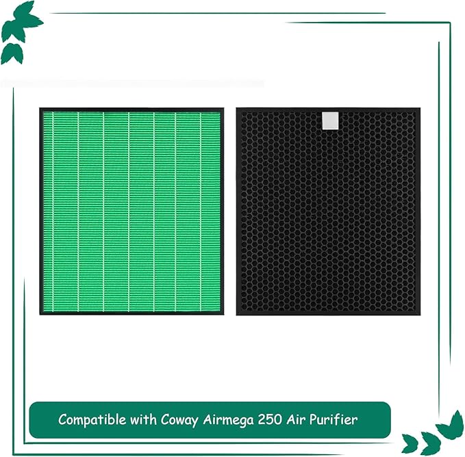 Airmega 250/250S Filter Replacement, Compatible with Coway Airmega 250S and Coway Airmega 250 Air Purifier, Max 2 Green True HEPA and Active Carbon Filter, 2 Pack