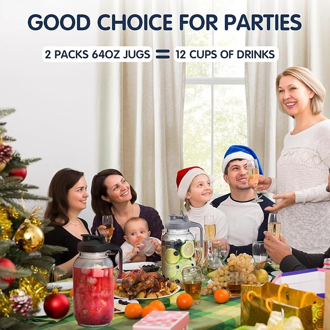 Glass Pitchers with Lid, Set of 2, Wide Mouth Water Jugs 64OZ Leak-Proof Airtight Mason Jars for Cold Brew Coffee, Iced tea, Milk, Food Storage, Sun Tea Jar., Black