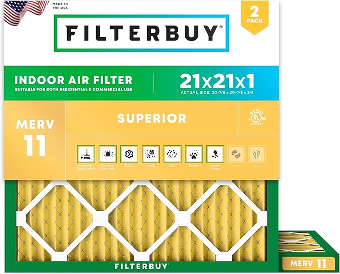 Filterbuy 21x21x1 Air Filter MERV 11 (MPR 1200) Allergen Defense Replacement (2-Pack), Electrostatic Pleated HVAC AC Furnace Filters, Made in USA (Actual Size: 20.88 x 20.88 x 0.75)