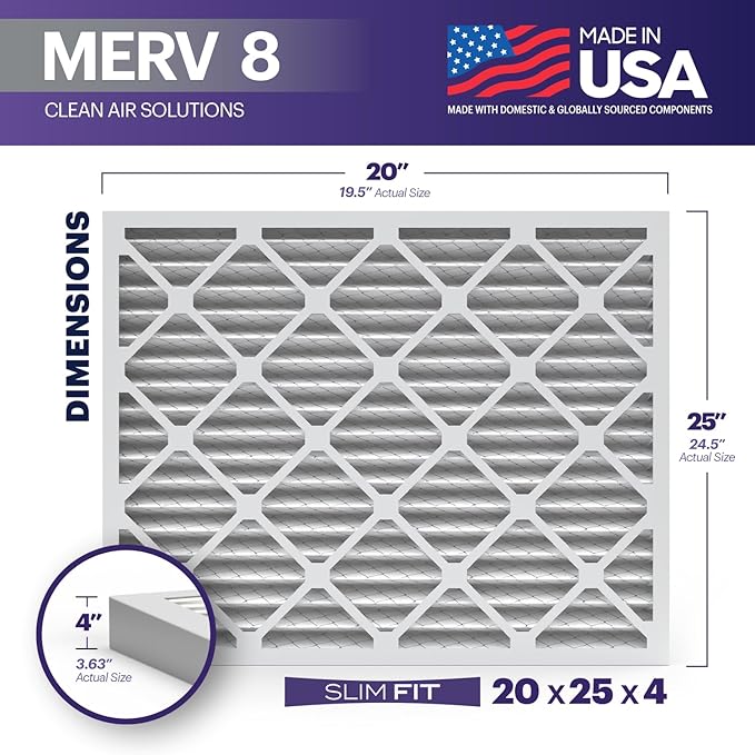 BNX TruFilter 20x25x4 (19.5’’ x 24.5’’ x 3.63‘’ Slim Fit) MERV 8 Air Filter 2-Pack - MADE IN USA - Air Conditioner Furnace Filters HVAC AC Furnace Filters for Dust, Pet, Mold, Pollen MPR 600-700 FPR 5