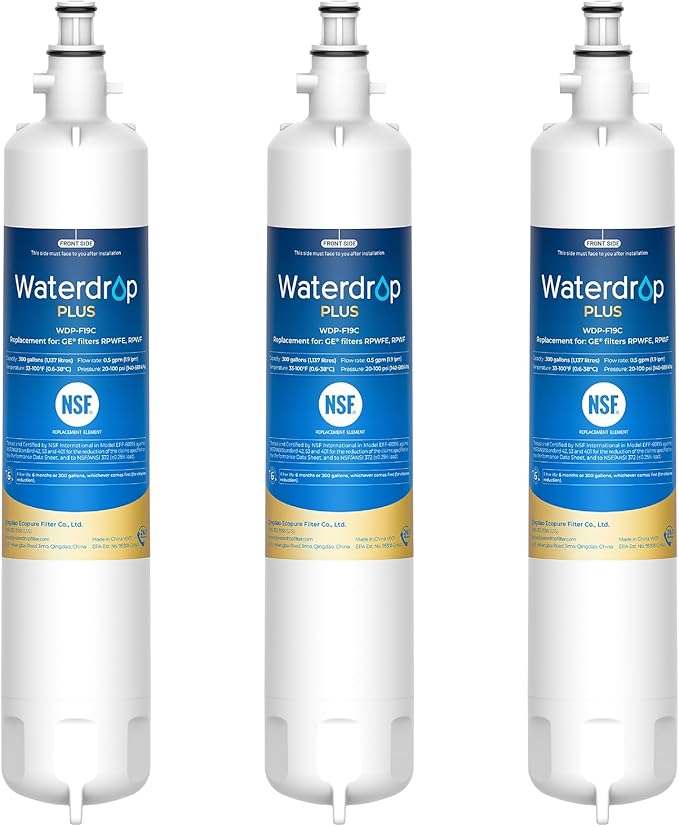 Waterdrop Plus WDP-F19C Replacement for GE® RPWFE®, RPWF (with CHIP) NSF 401 Refrigerator Water Filter, Compatible with WSG-4, GFE28GBLTS, GFE28GSKSS, PFE28KMKES, 3 Filters (Package May Vary)