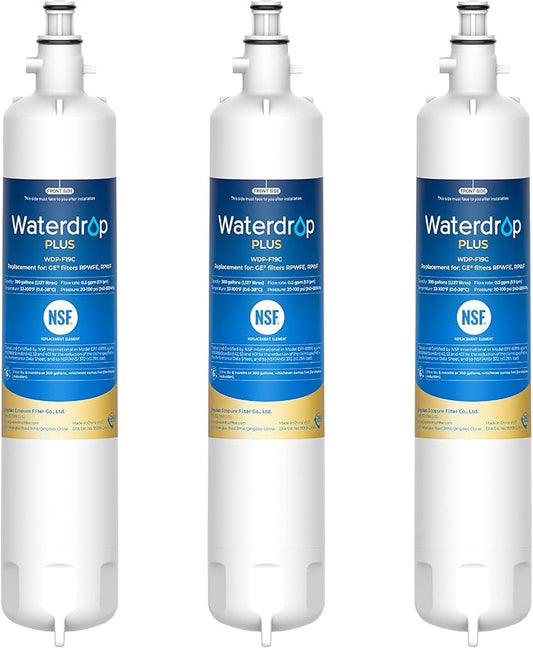 Waterdrop Plus WDP-F19C Replacement for GE® RPWFE®, RPWF (with CHIP) NSF 401 Refrigerator Water Filter, Compatible with WSG-4, GFE28GBLTS, GFE28GSKSS, PFE28KMKES, 3 Filters (Package May Vary)