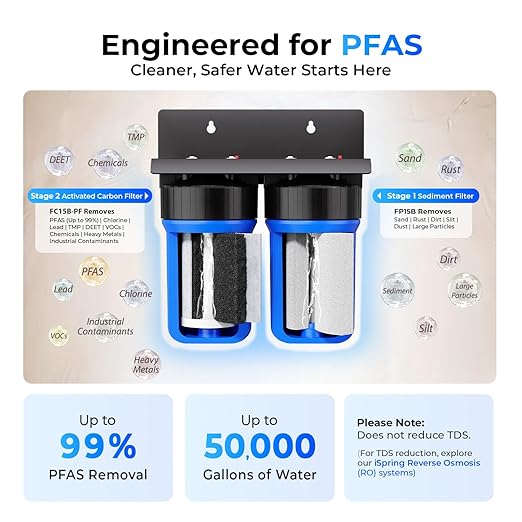 iSpring PFAS Whole House Water Filter System,SGS-Tested to Remove up to 99% PFAS,2-Stage Filtration Reduces Sediment, Chlorine, Chemical, Taste & Odor, 10-Inch Filters,1" Inlet/Outlet Model: WGB21B-PF
