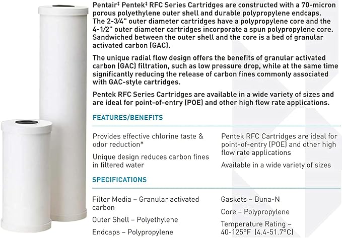 Pentair Pentek RFC-20BB Big Blue Carbon Water Filter, Whole House Heavy Duty Radial Flow Carbon Replacement Cartridge with Granular Carbon (GAC) Filter, 20" x 4.5", 25 Micron, Pack of 6, White