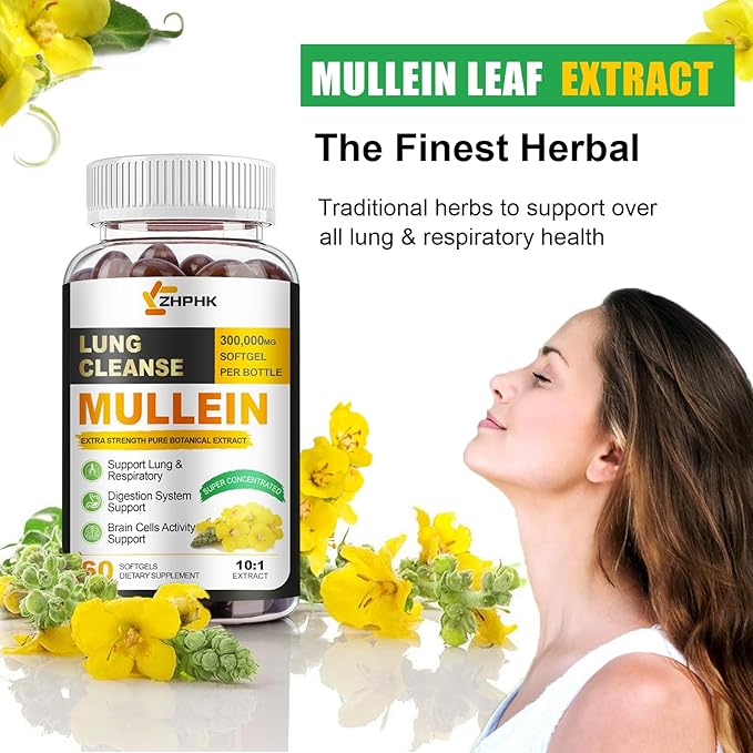 Mullein Leaf Extract for Lungs Softgels, Lung Detox for Smokers， Lung Cleanse Respiratory Lung Support, Herbal Supplements, Vegan, Non-GMO, Immune Digestive Support, 180-Count, 180 Days Supply