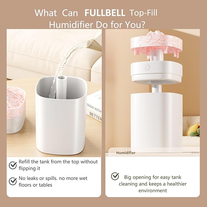 FULLBELL Cool Mist Humidifier, 400ML, 10-20 Hours Runtime, 7 Color Lights, 2 Modes, 24db Quiet, Black (Black-400ML)