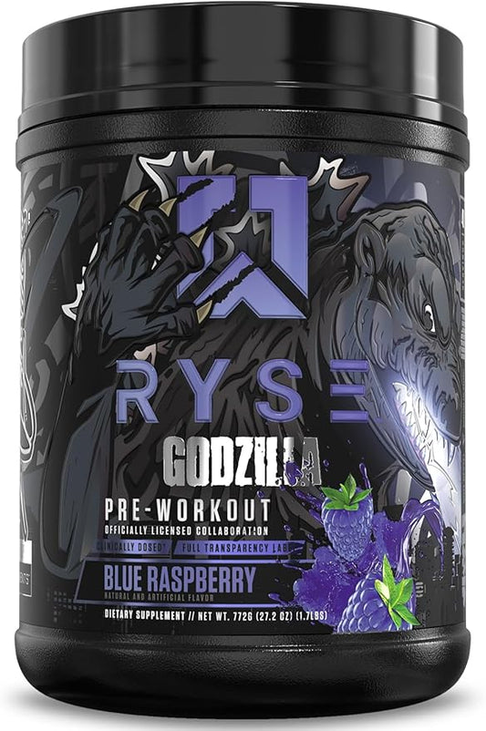RYSE Godzilla X Noel Deyzel Pre Workout Powder - Blue Raspberry - 400mg Caffeine, High Stim Pre-Workout for Men & Women with Citrulline & Beta Alanine - Energy, Pump & Focus - 20/40 Servings
