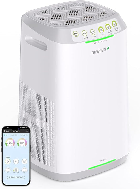 Nuwave Oxypure Zero E500 Air Purifier with Washable Reusable Filters for Large Room | Smart Air Cleaners 99.9% Removal 0.1 Micron Particles | Sleep Mode, 6 Fan Speed & Timer, App Control