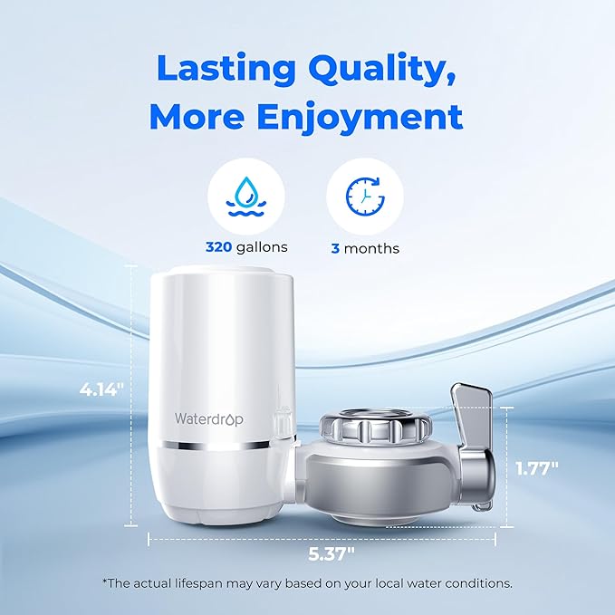 Waterdrop Water Filter for Sink Faucet, NSF 42 Certified Water Purifier, 1280 Gallon Tap Water Filter for Kitchen Sink, Lead-Free Material, Faucet Mount Water Filtration System 4 Filters