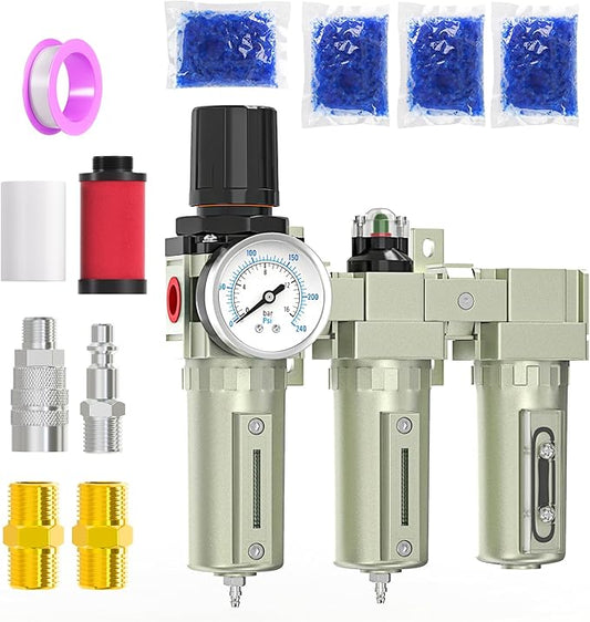 Heavy Duty Industrial Grade 3/4" NPT 3 Stage Air Drying System,Coalescing Filter, Particulate Filter, Desiccant Dryer and Air Regulator, Manual Drain, For Plasma Cutter and Paint Spray