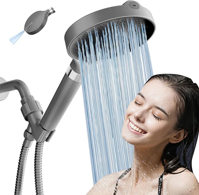 Filtered Shower Head, 6 inch High Pressure Handheld Shower Head with Filter for Hard Water, 6 Spray Modes Detachable Showerhead with Hose and Shower Arm Bracket, Dark Grey