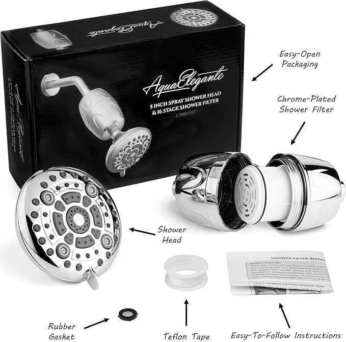 Aqua Elegante High Pressure Shower Head & Filter - Adjustable Water Saving Showerhead For Low Flow Showers With Bath Filters To Remove Chlorine + Hard Minerals, 2.5 GPM - Chrome
