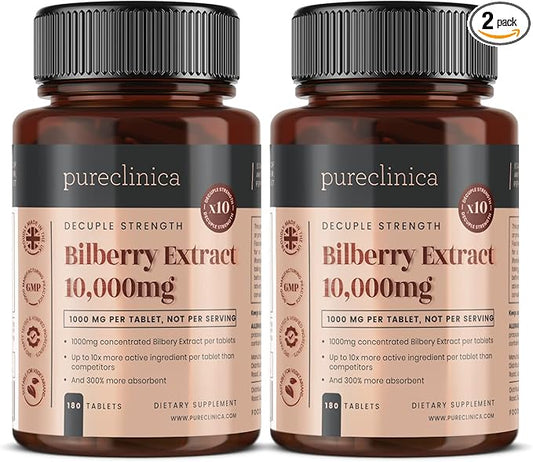 Bilberry Extract 10,000mg x 360 Tablets (2 Bottles) - 10 X More Anthocyanidins per Tablet Than Most Others - and 5mg Black Pepper Extract for 300% Increased Absorption