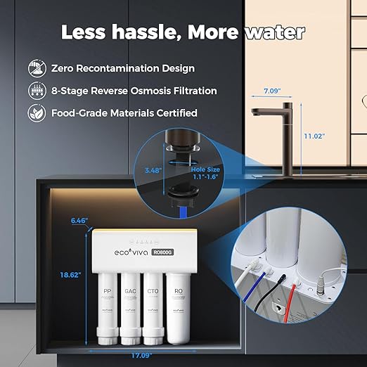 Ecoviva Alkaline Reverse Osmosis RO Water Filter Filtration Under Sink System (Brown Faucet, RO 800GPD)