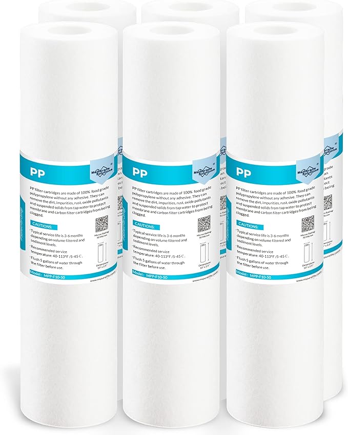 Membrane Solutions 50 Micron Sediment Water Filter Replacement Polypropylene Cartridge 10"x 2.5" for Whole House RO System, Compatible with Aqua-Pure AP110, GE FXUSC, WHKF-GD05, Culligan P5-6 Pack
